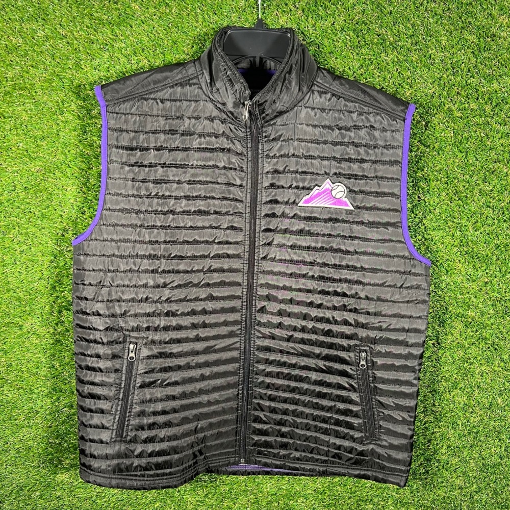 Colorado Rockies Puffer Vest Black Purple Trim Zip Front Logo‎ Mens XL